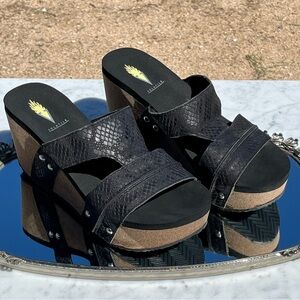Volatile from Nordstrom Riverside black python cork wedge sandals, 8, Unworn